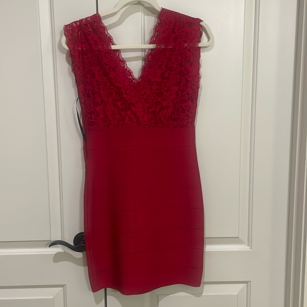 bebe Red Lace V-Neck Bandage Mini Dress